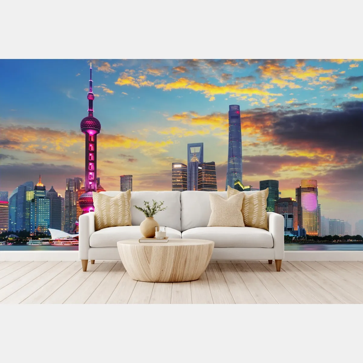 Fototapeta Szanghaj panorama miasta o zachodzie słońca – Wallissimo® Fototapeta Szanghaj panorama miasta o zachodzie słońca – Wallissimo®