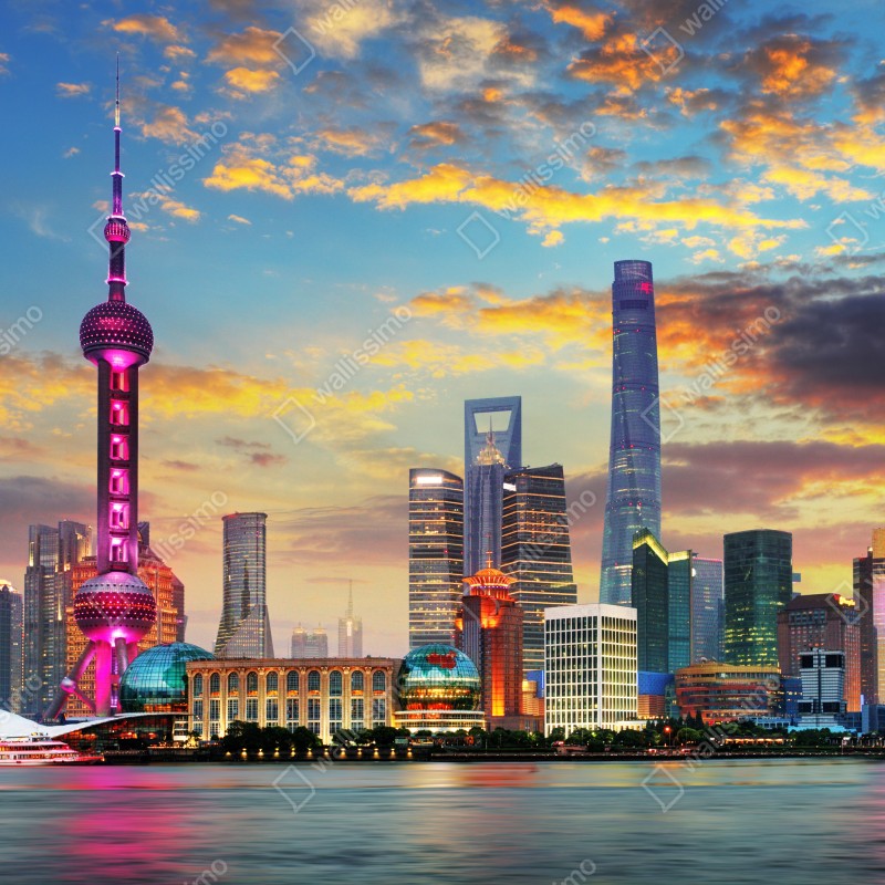 Fototapeta Szanghaj panorama miasta o zachodzie słońca – Wallissimo® Fototapeta Szanghaj panorama miasta o zachodzie słońca – Wallissimo®