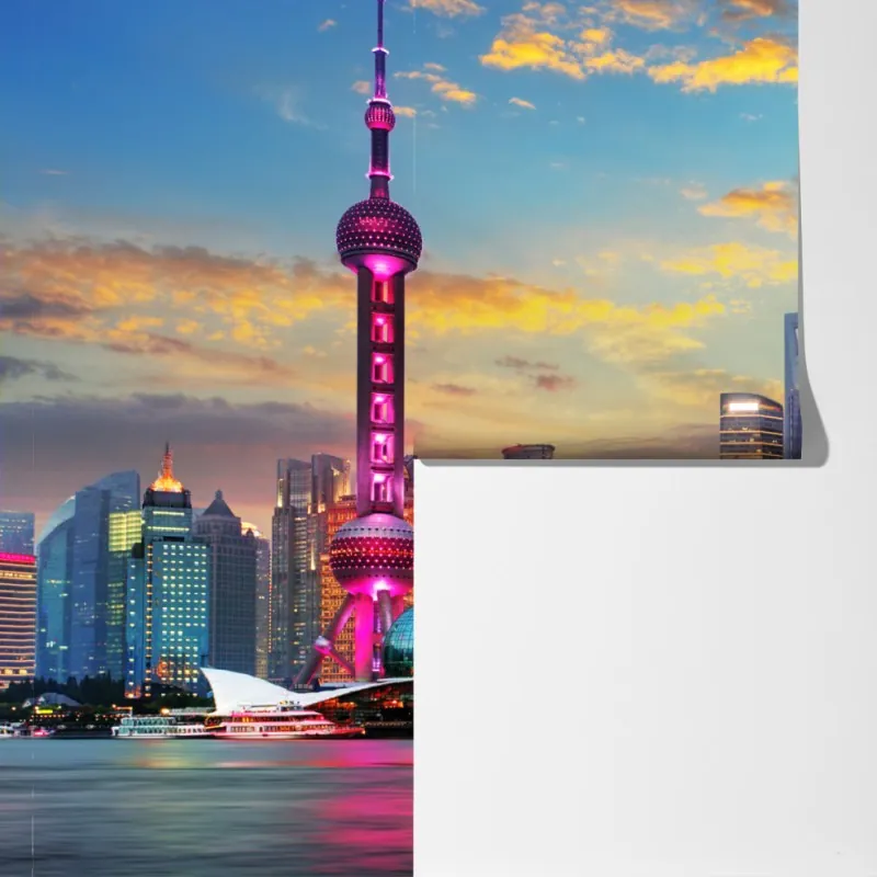 Fototapeta Szanghaj panorama miasta o zachodzie słońca – Wallissimo® Fototapeta Szanghaj panorama miasta o zachodzie słońca – Wallissimo®