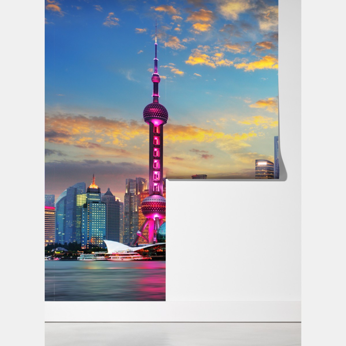 Fototapeta Szanghaj panorama miasta o zachodzie słońca – Wallissimo® Fototapeta Szanghaj panorama miasta o zachodzie słońca – Wallissimo®