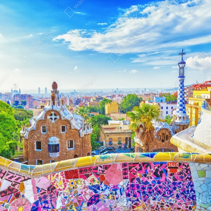 Fototapeta żywa Barcelona Park Güell mozaikowa panorama – Wallissimo® Fototapeta żywa Barcelona Park Güell mozaikowa panorama – Wallissimo®