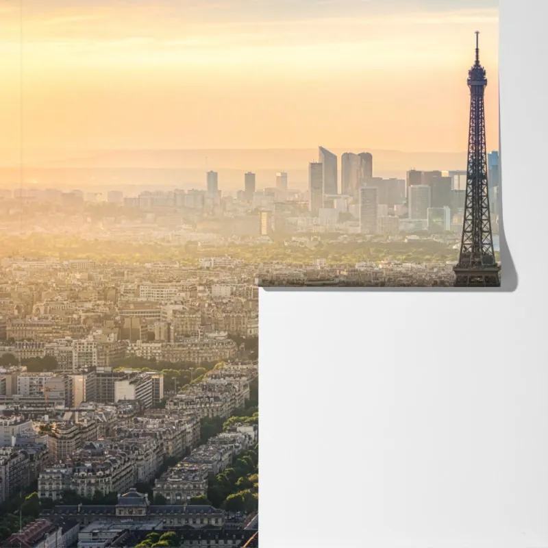 Fototapeta Paryż panorama o zachodzie słońca z Wieżą Eiffla – Wallissimo® Fototapeta Paryż panorama o zachodzie słońca z Wieżą Eiffla – Wallissimo®