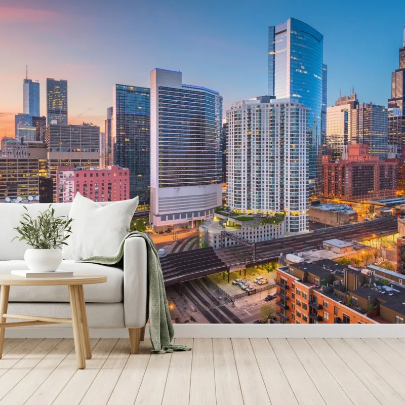 Fototapeta panorama Chicago o zmierzchu – Wallissimo® Fototapeta panorama Chicago o zmierzchu – Wallissimo®