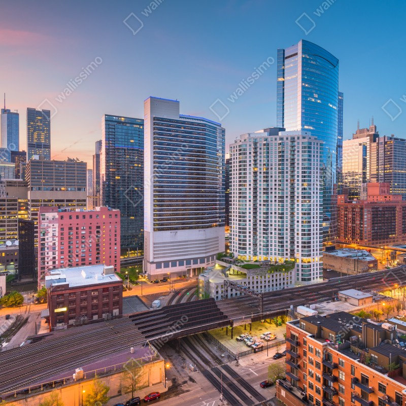 Fototapeta panorama Chicago o zmierzchu – Wallissimo® Fototapeta panorama Chicago o zmierzchu – Wallissimo®