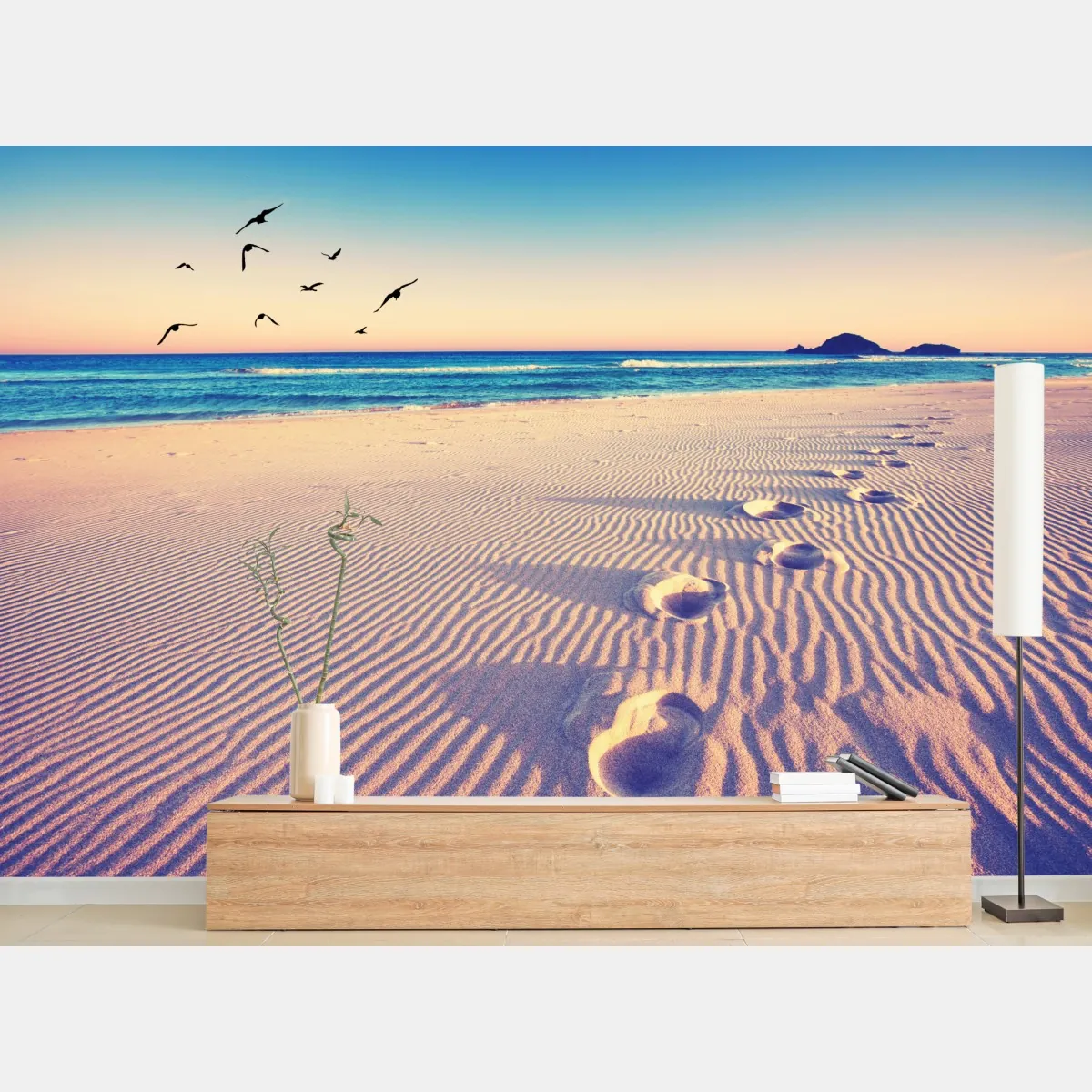Fototapeta magiczne odciski na letniej plaży – Wallissimo® Fototapeta magiczne odciski na letniej plaży – Wallissimo®