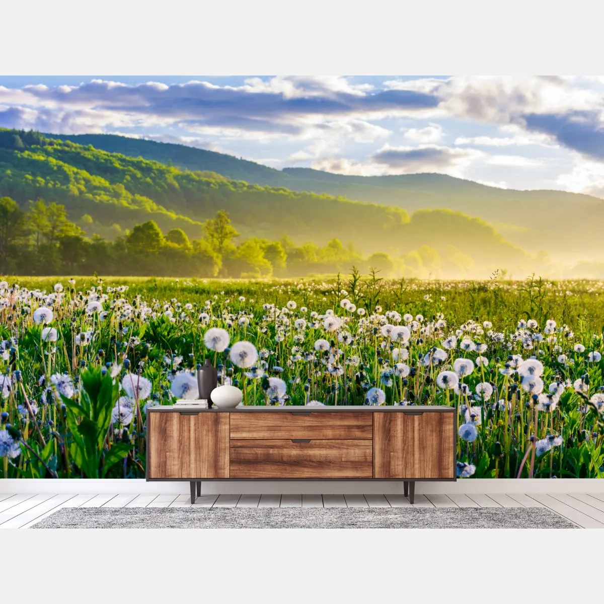 Fototapeta mglista łąka mleczy o wschodzie słońca – Wallissimo® Fototapeta mglista łąka mleczy o wschodzie słońca – Wallissimo®