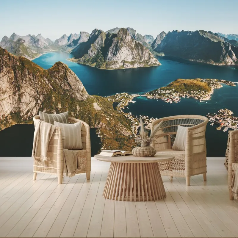 Fototapeta majestatyczna panorama górskiego fiordu – Wallissimo® Fototapeta majestatyczna panorama górskiego fiordu – Wallissimo®