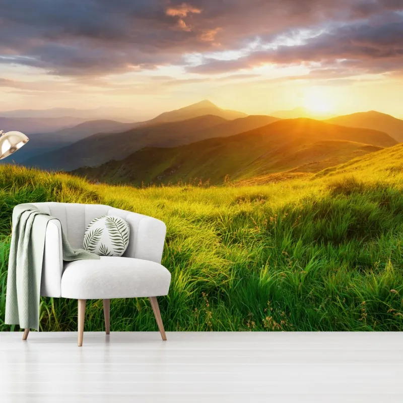 Fototapeta słoneczna górska łąka o wschodzie słońca – Wallissimo® Fototapeta słoneczna górska łąka o wschodzie słońca – Wallissimo®