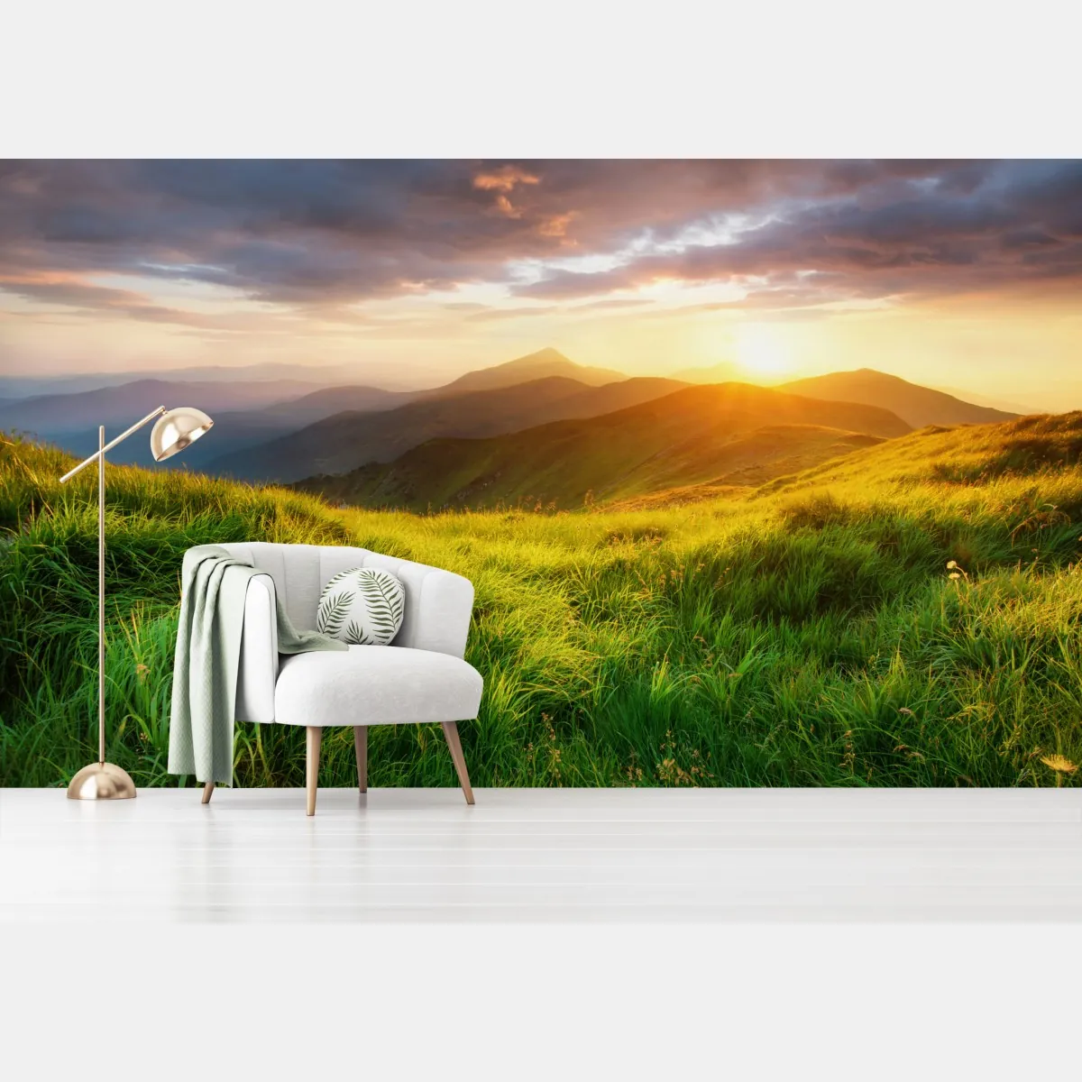 Fototapeta słoneczna górska łąka o wschodzie słońca – Wallissimo® Fototapeta słoneczna górska łąka o wschodzie słońca – Wallissimo®