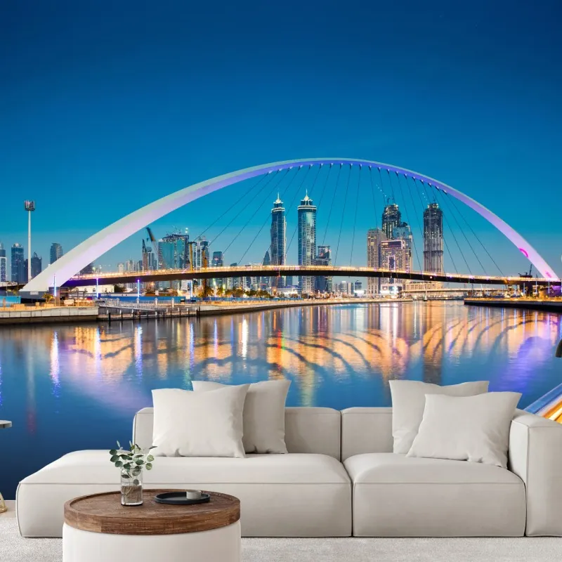 Fototapeta Dubaj panorama miasta z oświetlonym mostem