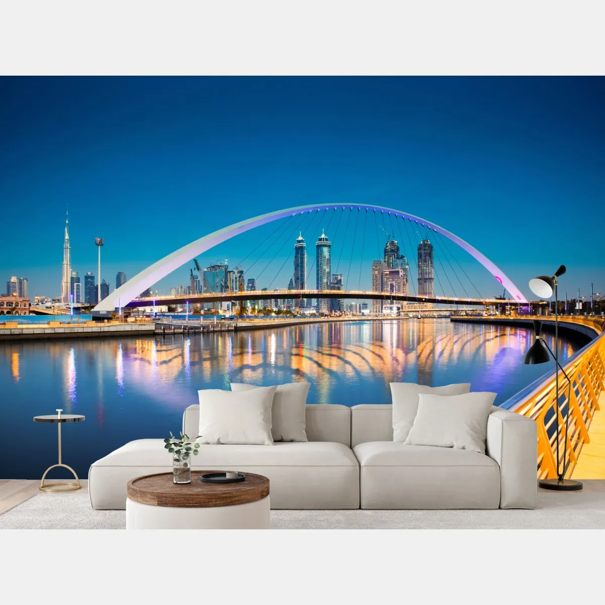 Fototapeta Dubaj panorama miasta z oświetlonym mostem – Wallissimo® Fototapeta Dubaj panorama miasta z oświetlonym mostem – Wallissimo®