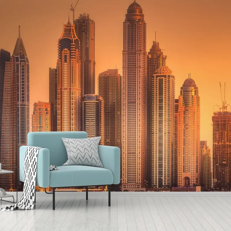 Fototapeta panorama Dubaju w złotym świetle – Wallissimo® Fototapeta panorama Dubaju w złotym świetle – Wallissimo®