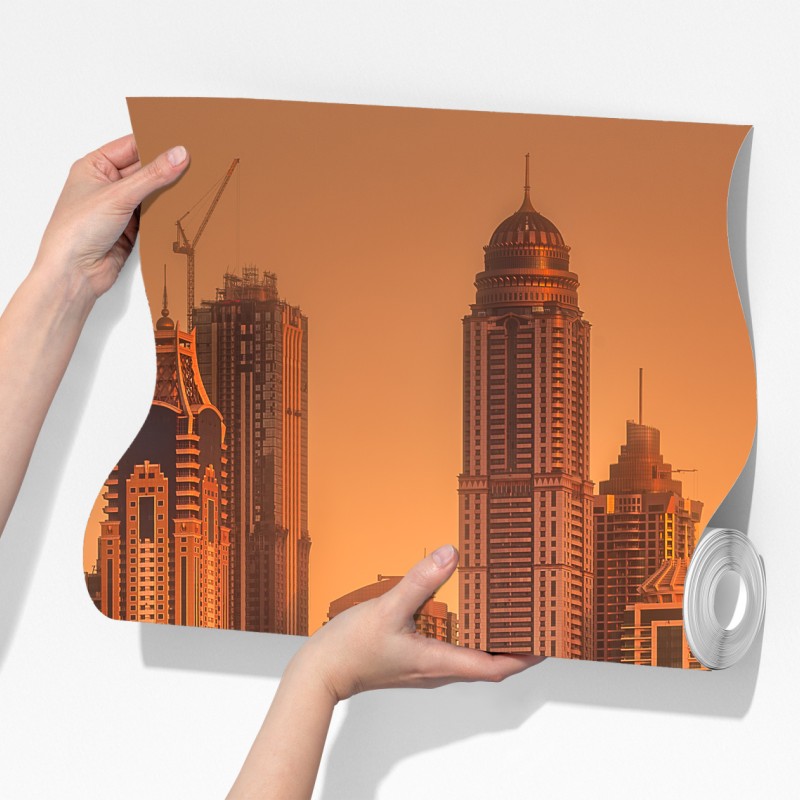 Fototapeta panorama Dubaju w złotym świetle – Wallissimo® Fototapeta panorama Dubaju w złotym świetle – Wallissimo®