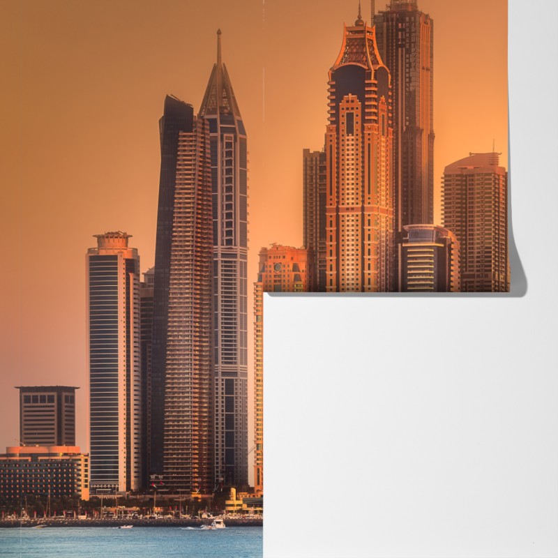 Fototapeta panorama Dubaju w złotym świetle – Wallissimo® Fototapeta panorama Dubaju w złotym świetle – Wallissimo®