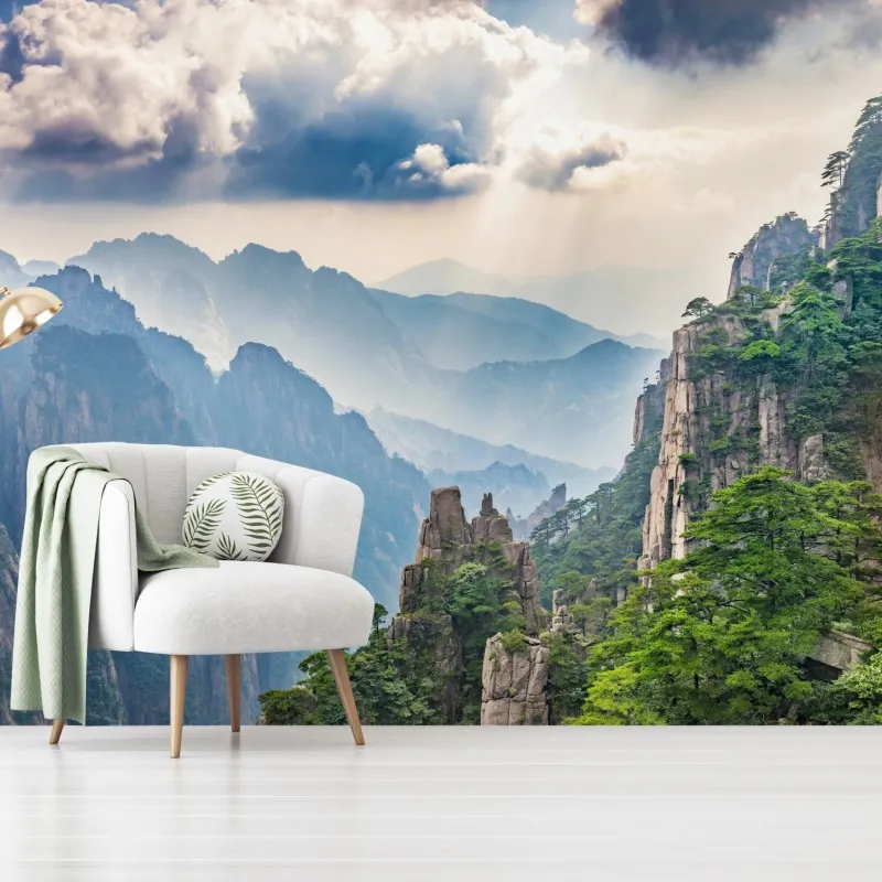 Fototapeta mglista sceneria górskich klifów z promieniami słońca – Wallissimo® Fototapeta mglista sceneria górskich klifów z promieniami słońca – Wallissimo®