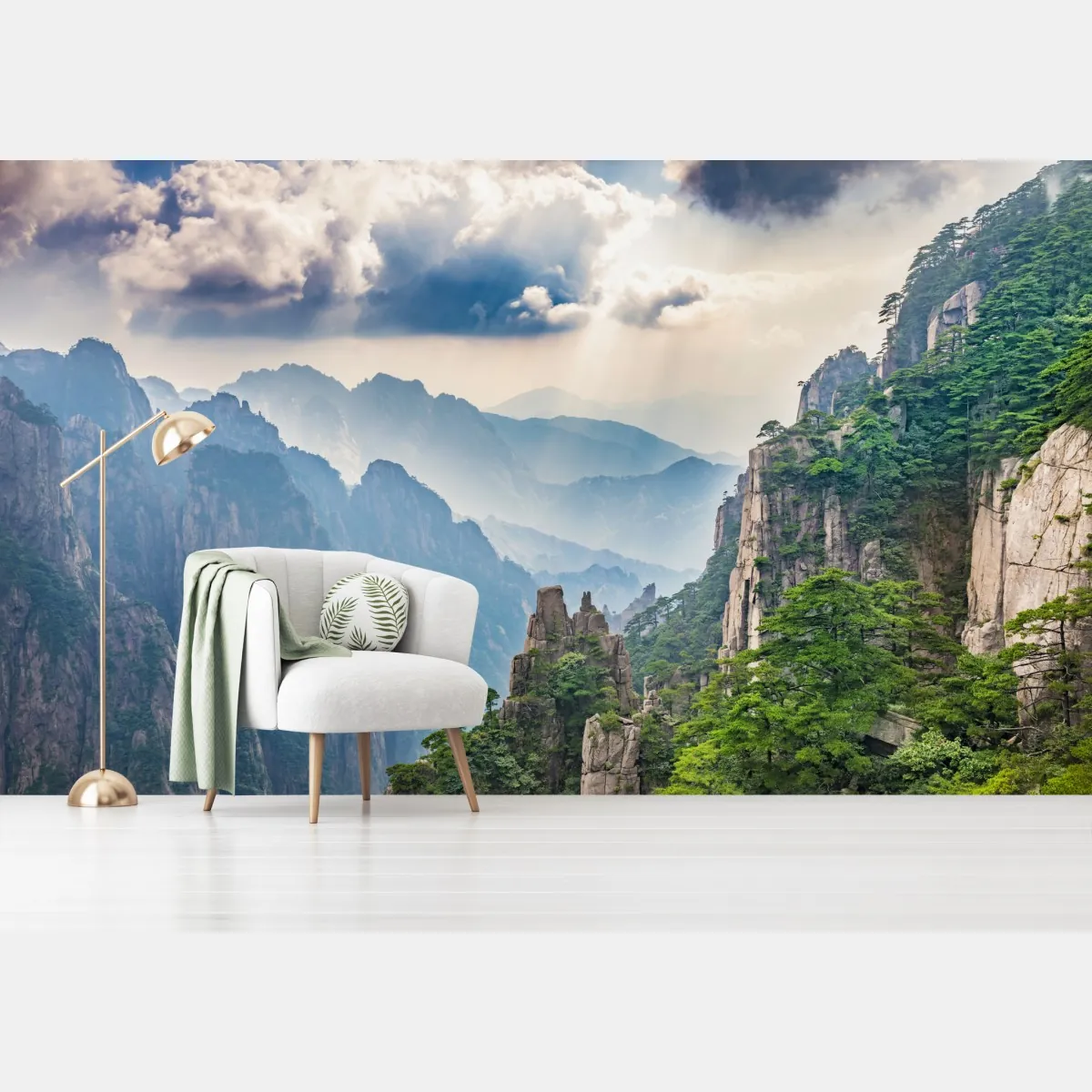 Fototapeta mglista sceneria górskich klifów z promieniami słońca – Wallissimo® Fototapeta mglista sceneria górskich klifów z promieniami słońca – Wallissimo®