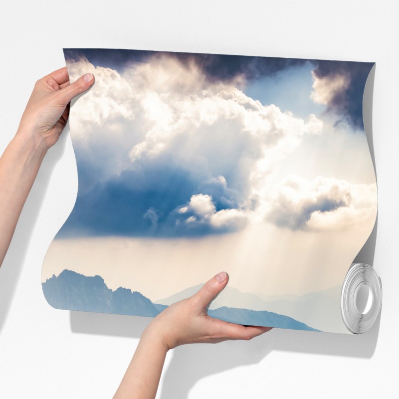 Fototapeta mglista sceneria górskich klifów z promieniami słońca – Wallissimo® Fototapeta mglista sceneria górskich klifów z promieniami słońca – Wallissimo®