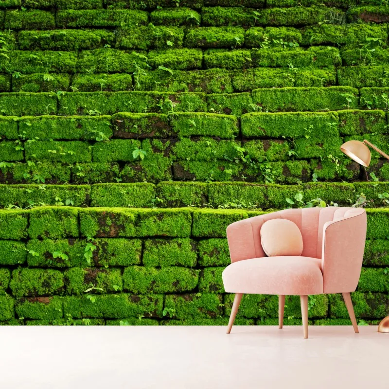 Fototapeta ściana z mchem na ceglanej strukturze
