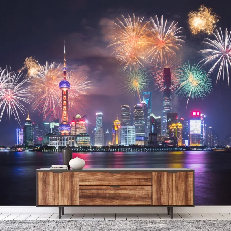Fototapeta Szanghaj panorama z fajerwerkami nad rzeką Huangpu – Wallissimo® Fototapeta Szanghaj panorama z fajerwerkami nad rzeką Huangpu – Wallissimo®