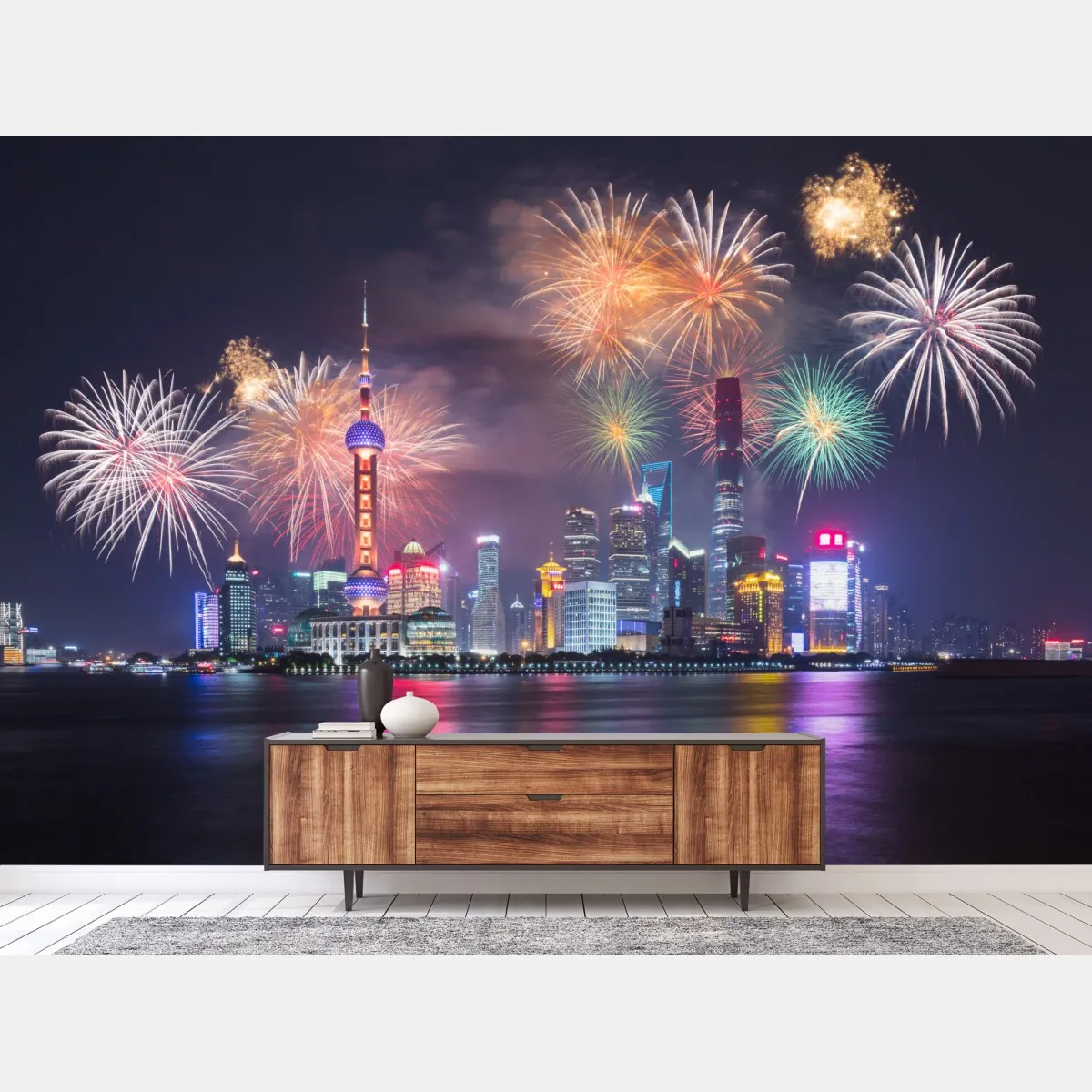 Fototapeta Szanghaj panorama z fajerwerkami nad rzeką Huangpu – Wallissimo® Fototapeta Szanghaj panorama z fajerwerkami nad rzeką Huangpu – Wallissimo®