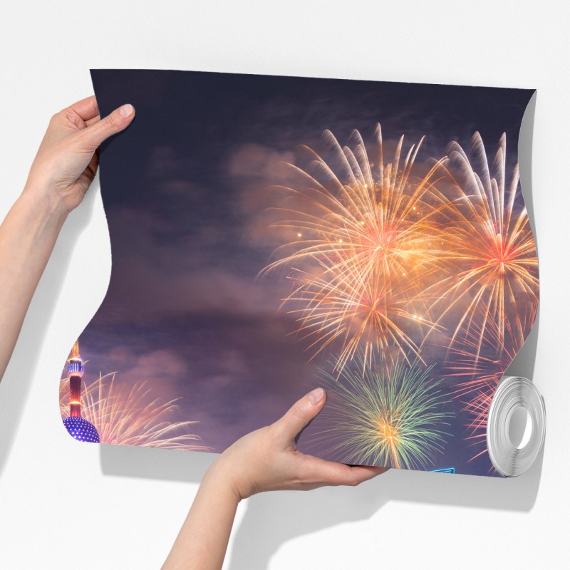 Fototapeta Szanghaj panorama z fajerwerkami nad rzeką Huangpu – Wallissimo® Fototapeta Szanghaj panorama z fajerwerkami nad rzeką Huangpu – Wallissimo®