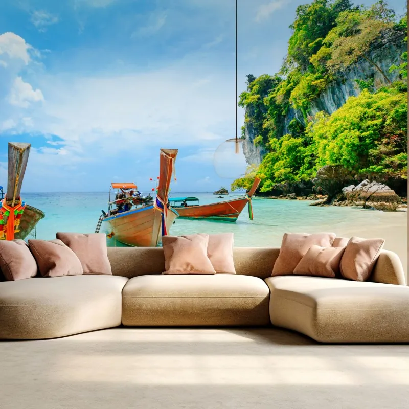 Fototapeta łodzie longtail na turkusowej plaży w Phuket