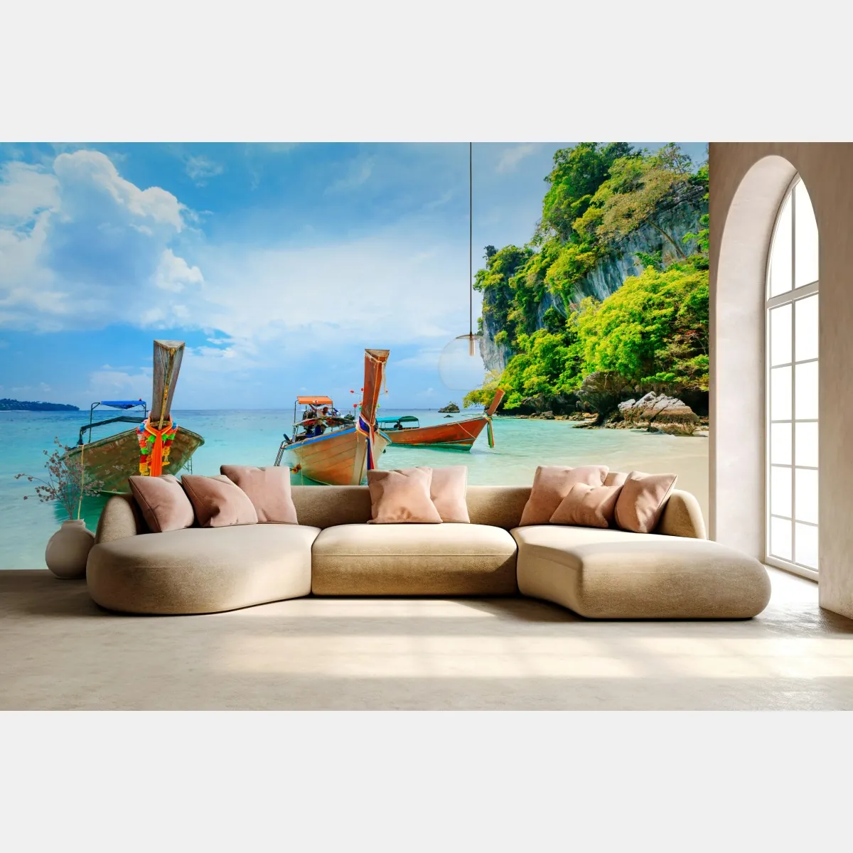 Fototapeta łodzie longtail na turkusowej plaży w Phuket – Wallissimo® Fototapeta łodzie longtail na turkusowej plaży w Phuket – Wallissimo®