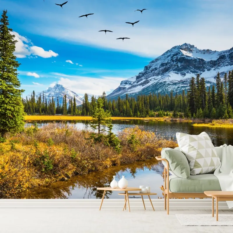 Fototapeta jesienne jezioro górskie z ptakami – Wallissimo® Fototapeta jesienne jezioro górskie z ptakami – Wallissimo®