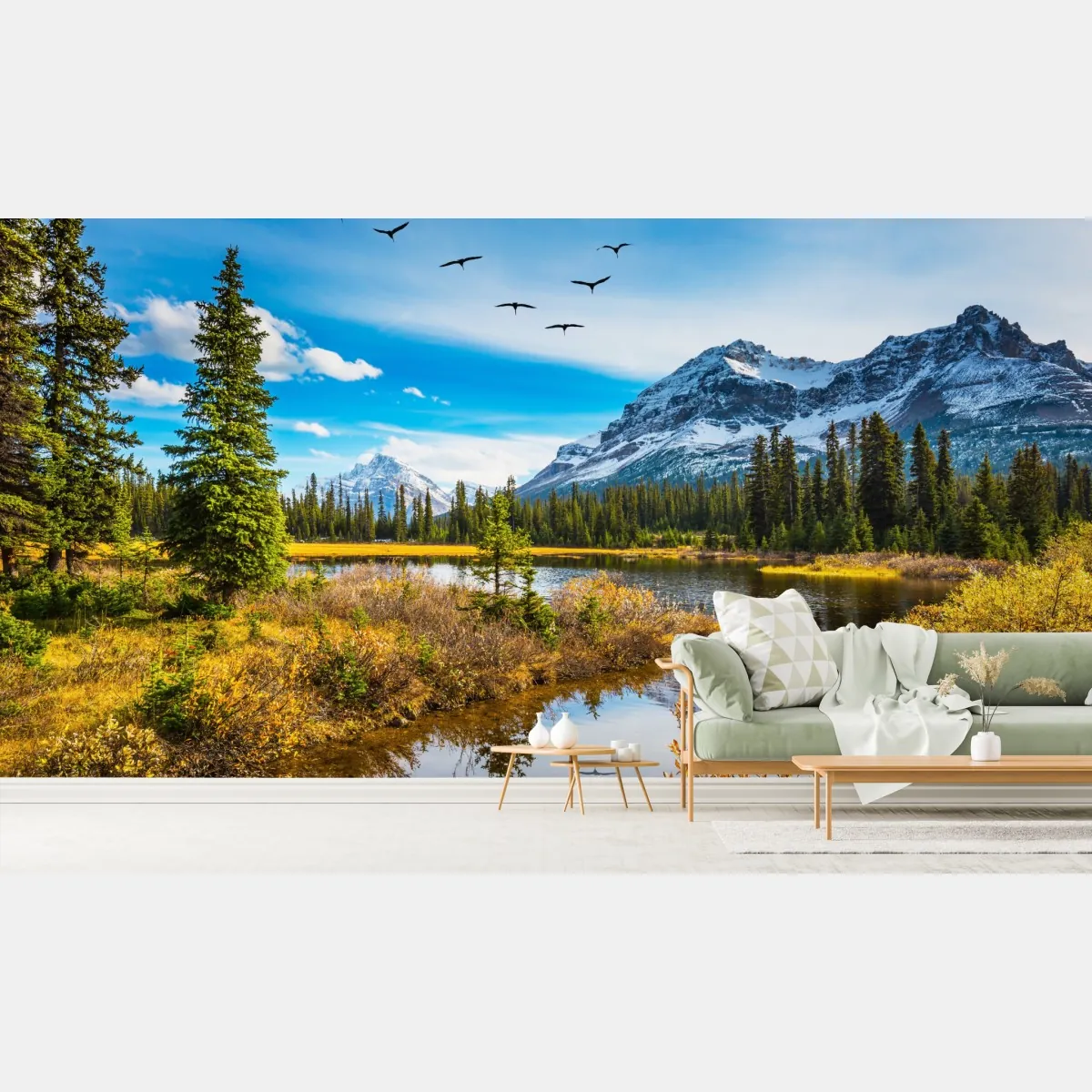 Fototapeta jesienne jezioro górskie z ptakami – Wallissimo® Fototapeta jesienne jezioro górskie z ptakami – Wallissimo®