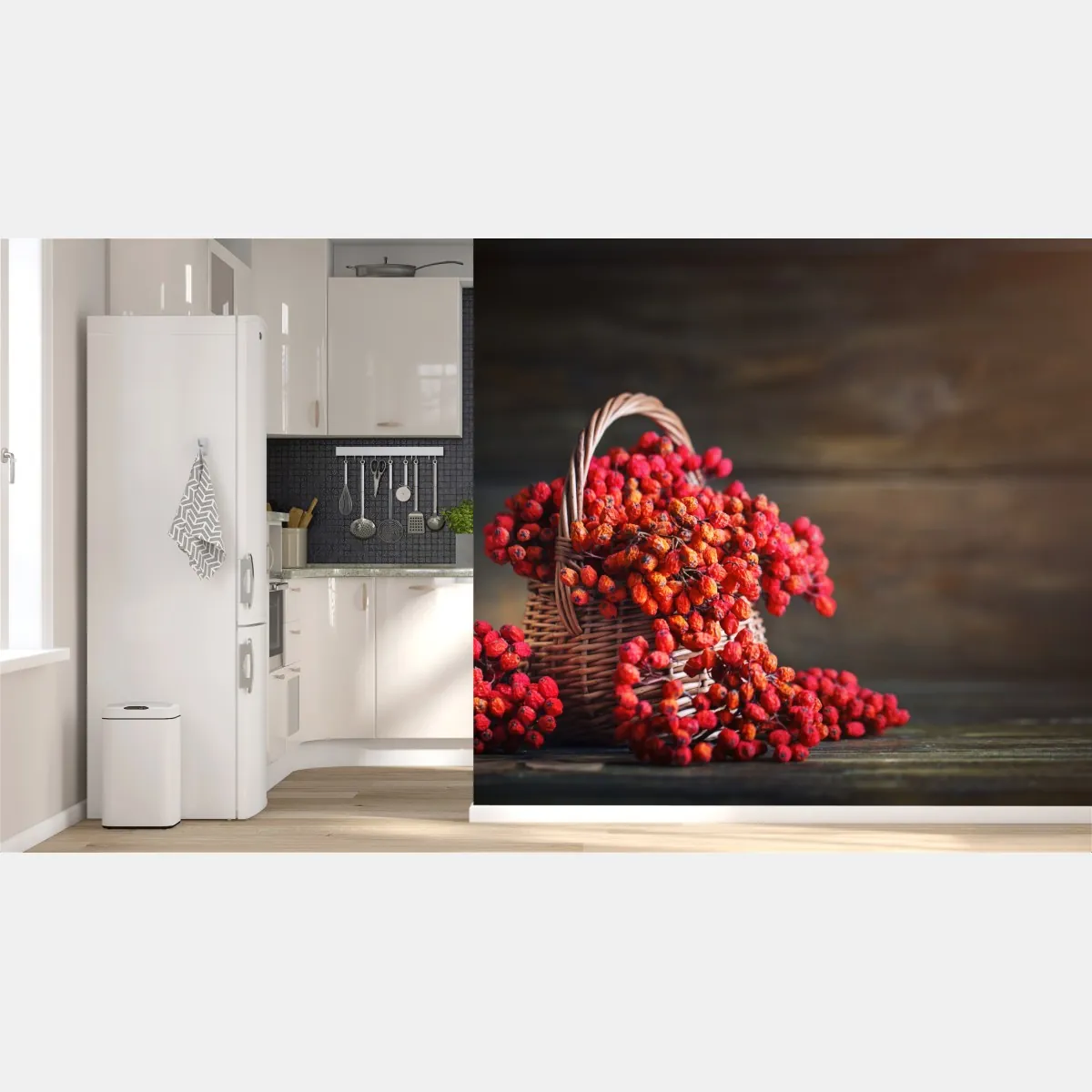 Fototapeta jesienna jarzębina w wiklinowym koszu – Wallissimo® Fototapeta jesienna jarzębina w wiklinowym koszu – Wallissimo®