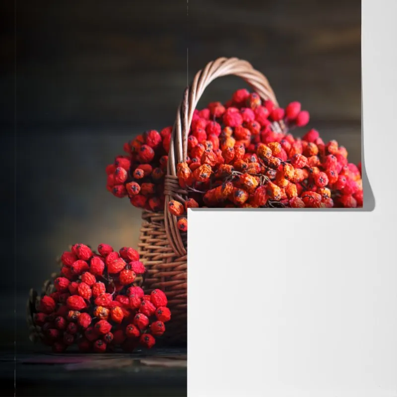 Fototapeta jesienna jarzębina w wiklinowym koszu – Wallissimo® Fototapeta jesienna jarzębina w wiklinowym koszu – Wallissimo®