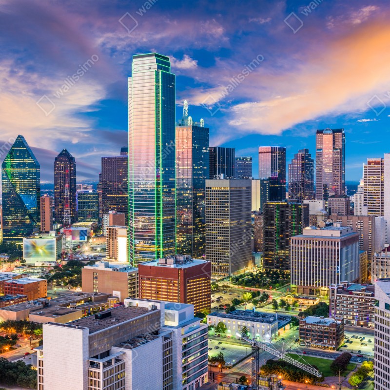 Fototapeta Dallas panorama miasta o zachodzie słońca – Wallissimo® Fototapeta Dallas panorama miasta o zachodzie słońca – Wallissimo®