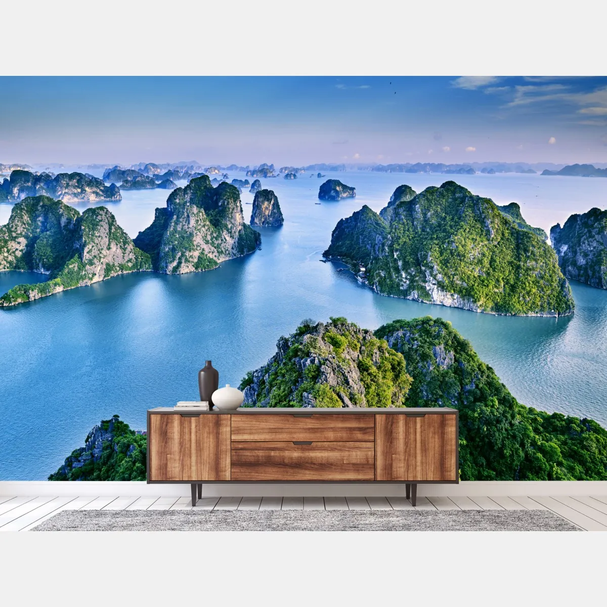 Fototapeta zatoka Ha Long panorama wapiennych wysp – Wallissimo® Fototapeta zatoka Ha Long panorama wapiennych wysp – Wallissimo®