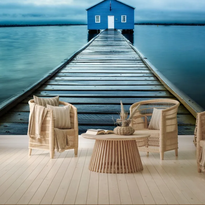 Fototapeta niebieski domek na końcu pomostu