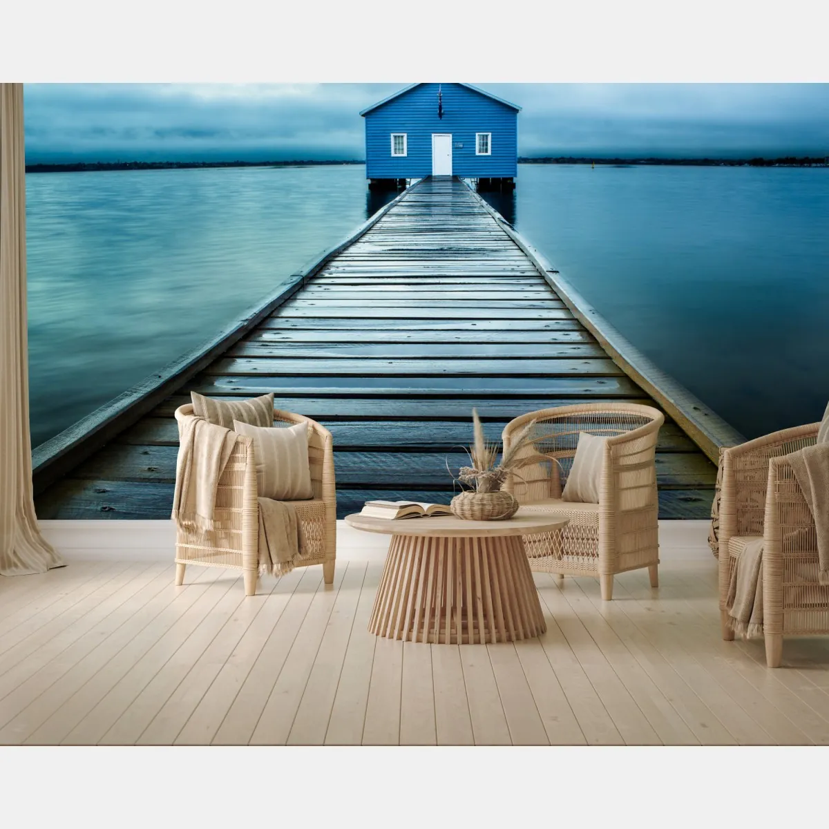 Fototapeta niebieski domek na końcu pomostu – Wallissimo® Fototapeta niebieski domek na końcu pomostu – Wallissimo®