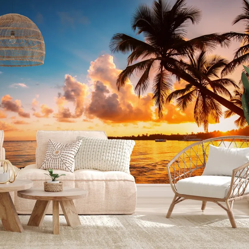 Fototapeta tropikalny zachód słońca z sylwetkami palm, Dominikana