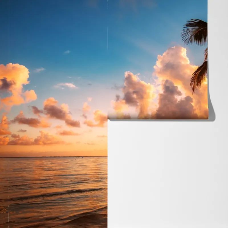 Fototapeta tropikalny zachód słońca z sylwetkami palm, Dominikana – Wallissimo® Fototapeta tropikalny zachód słońca z sylwetkami palm, Dominikana – Wallissimo®