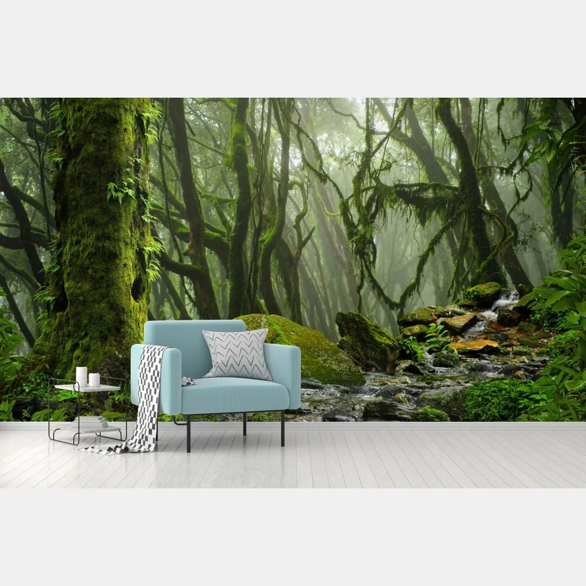 Fototapeta las ze strumieniem we mgle – Wallissimo® Fototapeta las ze strumieniem we mgle – Wallissimo®