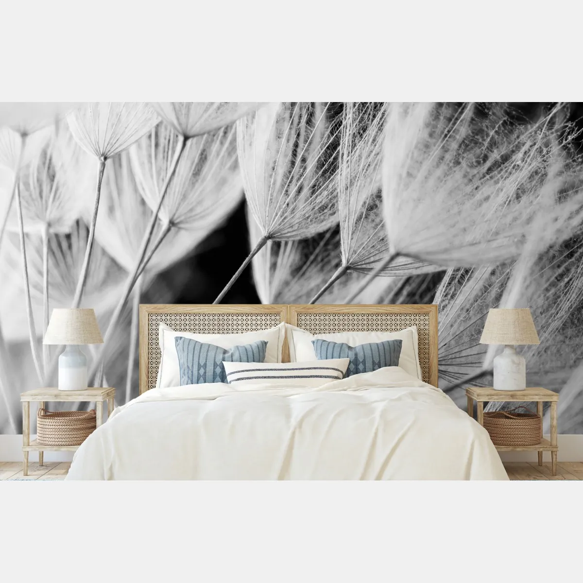 Fototapeta delikatne zbliżenie nasion dmuchawca czarno-białe – Wallissimo® Fototapeta delikatne zbliżenie nasion dmuchawca czarno-białe – Wallissimo®