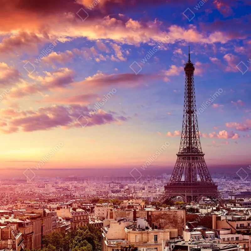 Fototapeta zachód słońca nad Wieżą Eiffla – Wallissimo® Fototapeta zachód słońca nad Wieżą Eiffla – Wallissimo®