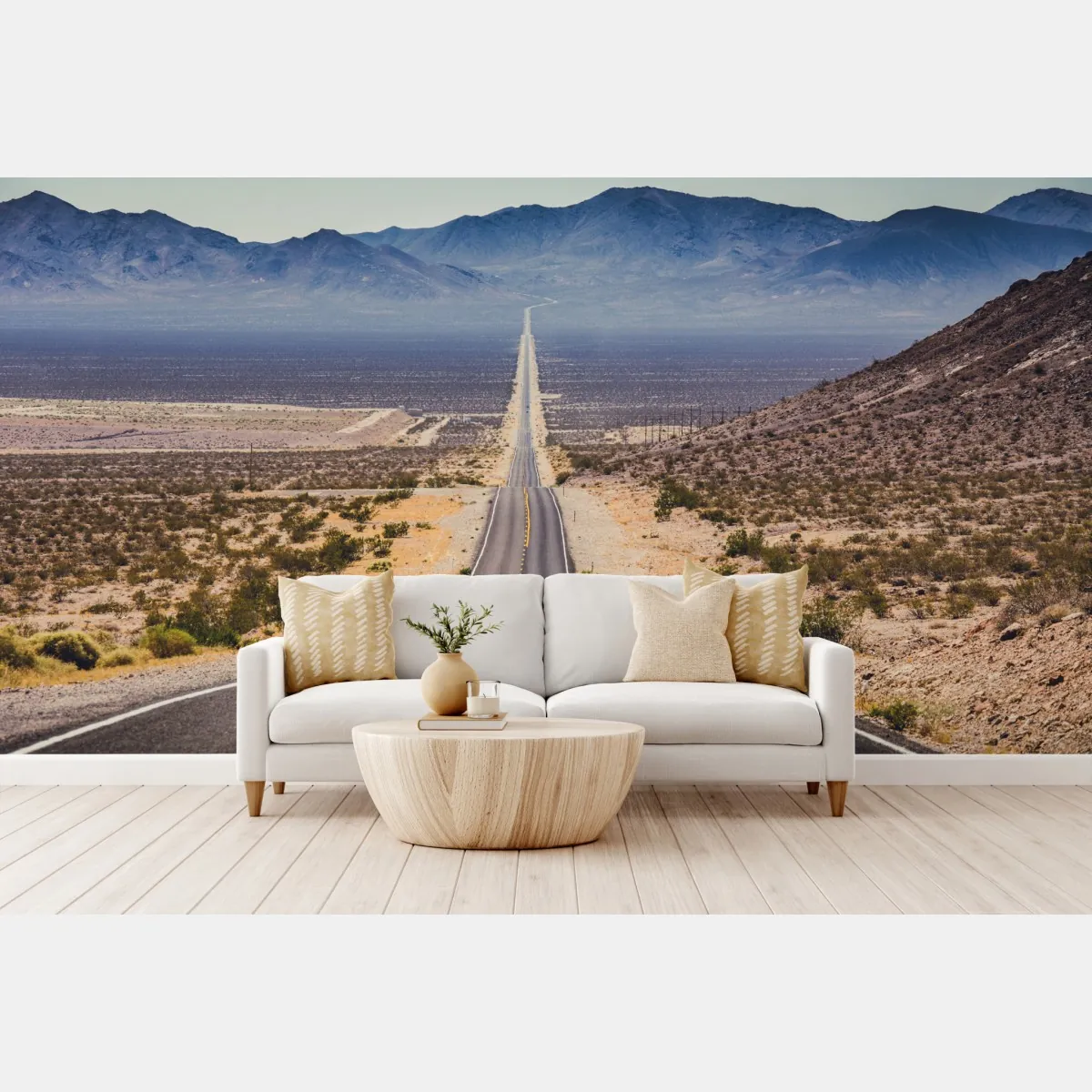 Fototapeta niekończąca się droga przez pustynię do gór – Wallissimo® Fototapeta niekończąca się droga przez pustynię do gór – Wallissimo®