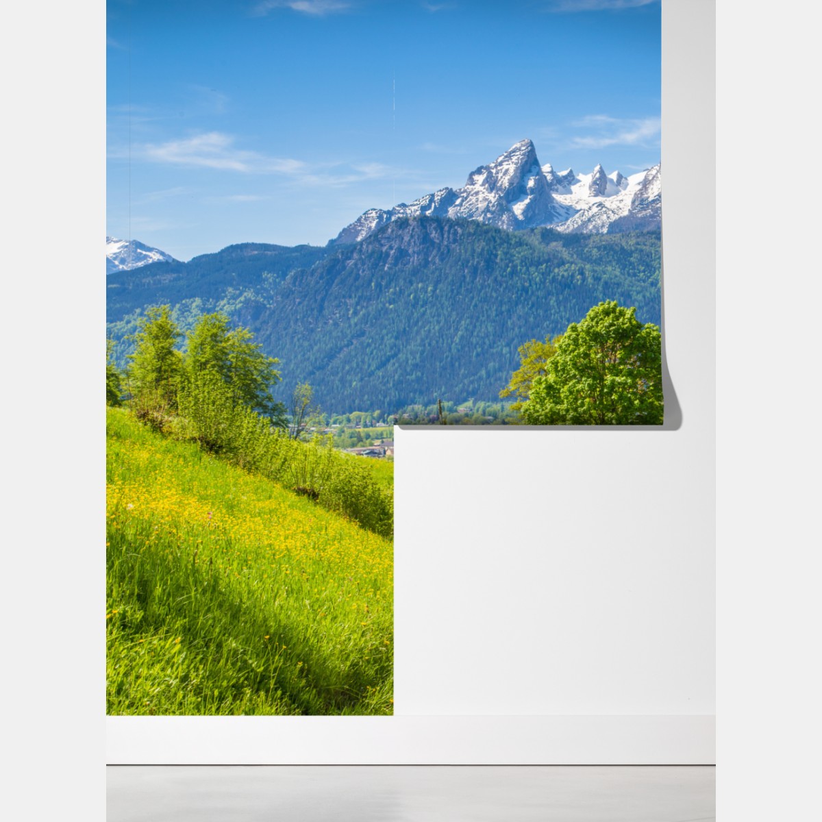 Fototapeta spokojna alpejska łąka z górskimi szczytami – Wallissimo® Fototapeta spokojna alpejska łąka z górskimi szczytami – Wallissimo®