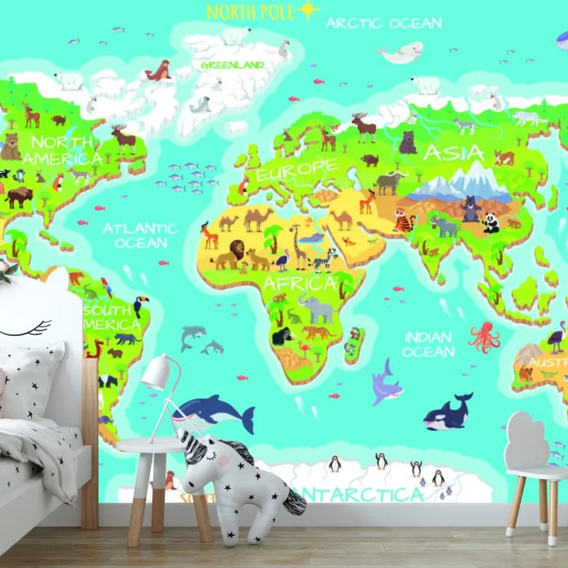 Fototapeta kolorowa mapa świata ze zwierzętami dla dzieci