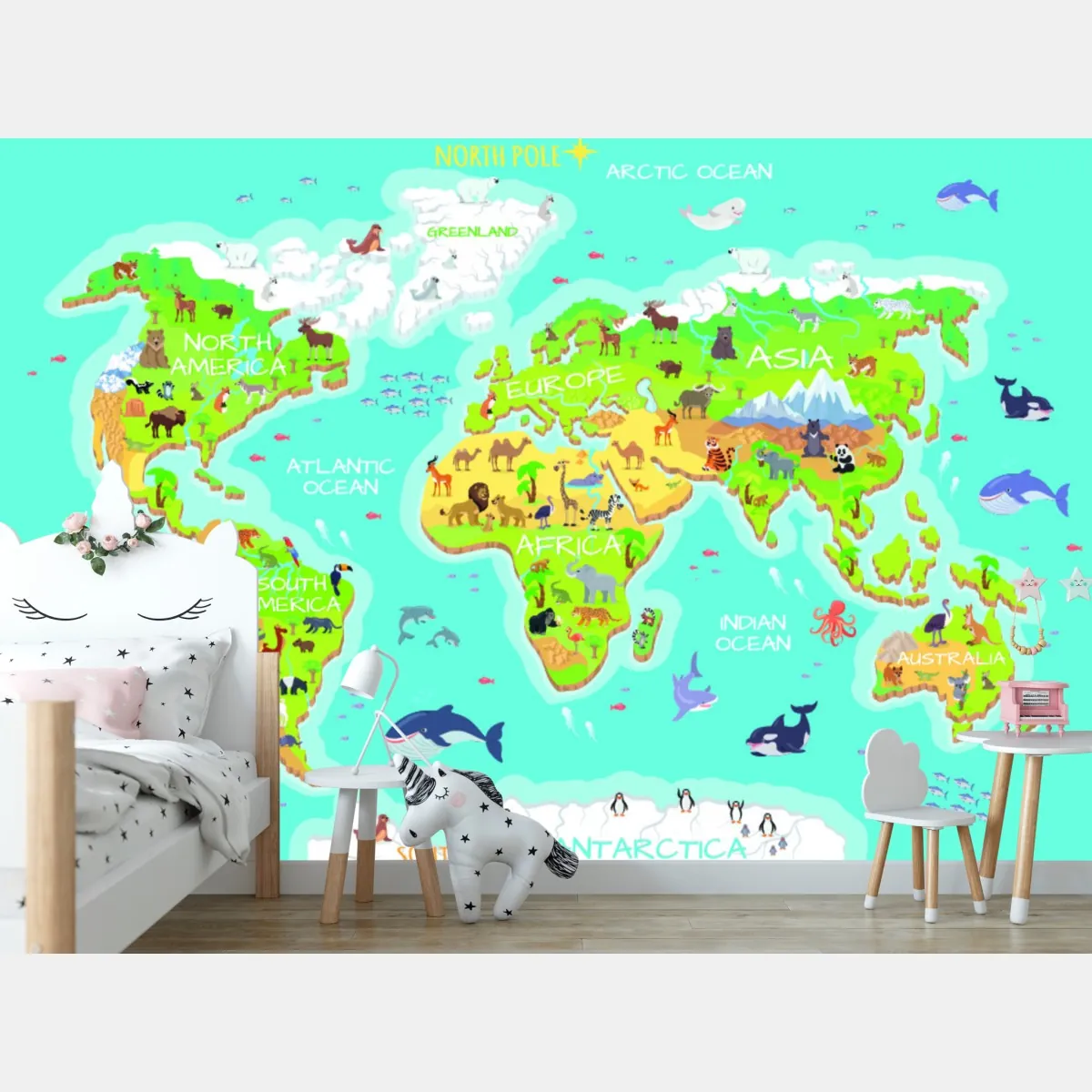 Fototapeta kolorowa mapa świata ze zwierzętami dla dzieci – Wallissimo® Fototapeta kolorowa mapa świata ze zwierzętami dla dzieci – Wallissimo®