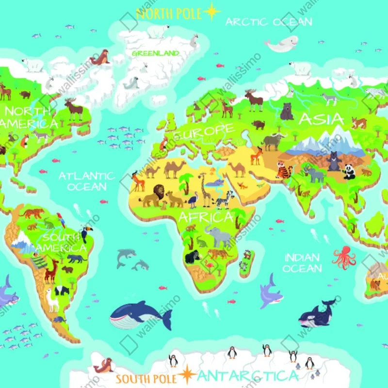 Fototapeta kolorowa mapa świata ze zwierzętami dla dzieci – Wallissimo® Fototapeta kolorowa mapa świata ze zwierzętami dla dzieci – Wallissimo®