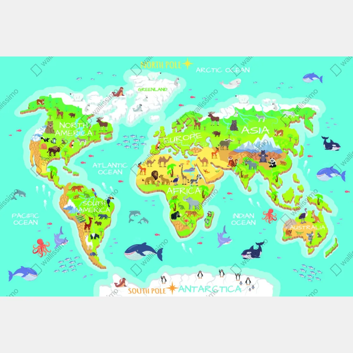 Fototapeta kolorowa mapa świata ze zwierzętami dla dzieci – Wallissimo® Fototapeta kolorowa mapa świata ze zwierzętami dla dzieci – Wallissimo®