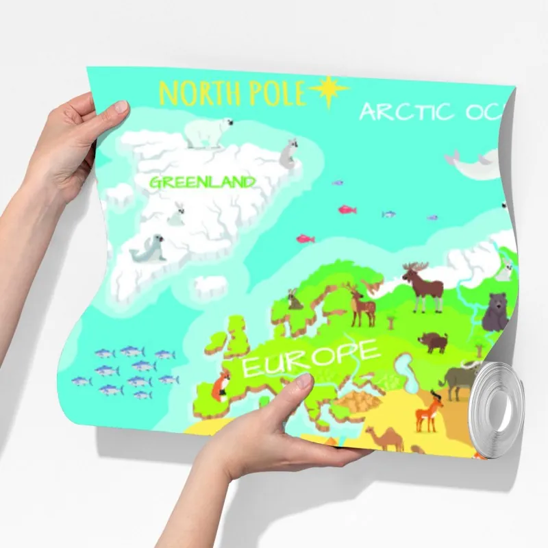 Fototapeta kolorowa mapa świata ze zwierzętami dla dzieci – Wallissimo® Fototapeta kolorowa mapa świata ze zwierzętami dla dzieci – Wallissimo®