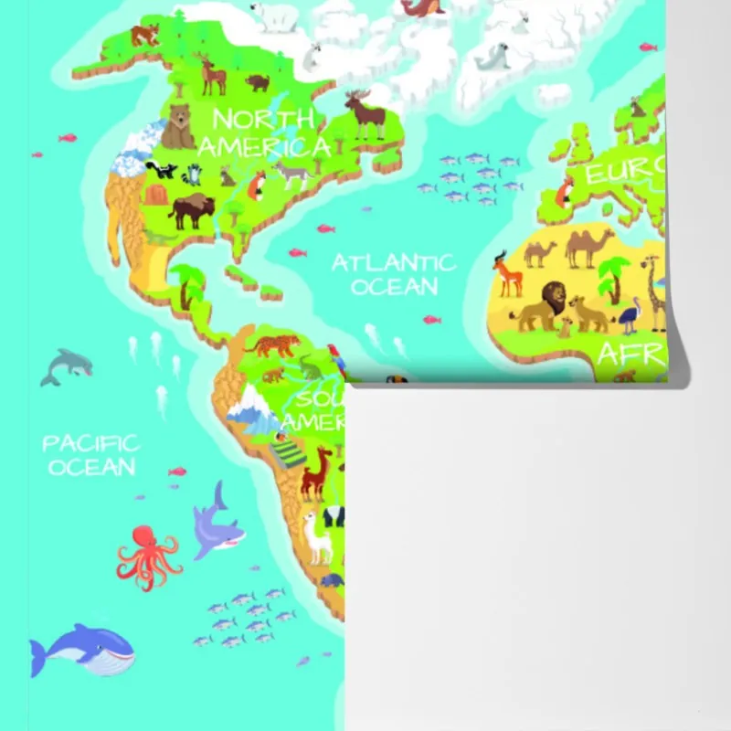 Fototapeta kolorowa mapa świata ze zwierzętami dla dzieci – Wallissimo® Fototapeta kolorowa mapa świata ze zwierzętami dla dzieci – Wallissimo®