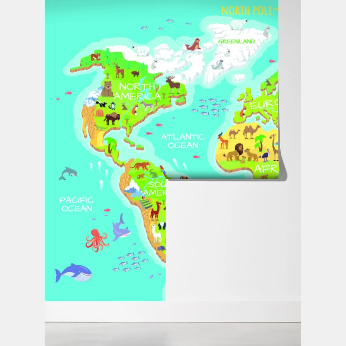 Fototapeta kolorowa mapa świata ze zwierzętami dla dzieci – Wallissimo® Fototapeta kolorowa mapa świata ze zwierzętami dla dzieci – Wallissimo®