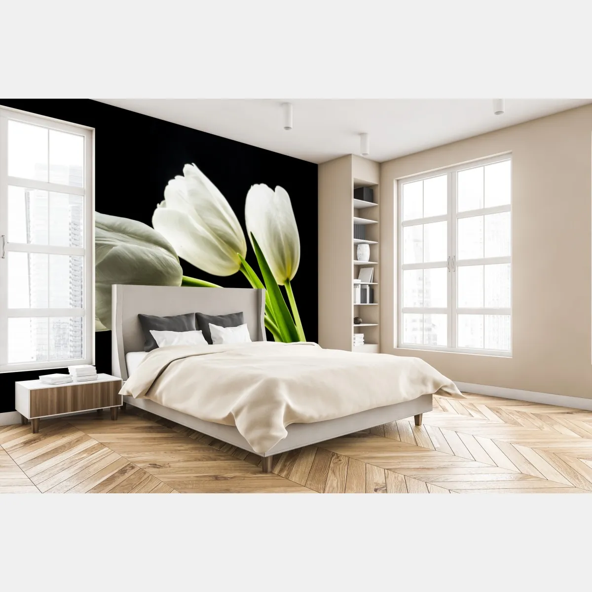 Fototapeta eleganckie białe tulipany na czarnym tle – Wallissimo® Fototapeta eleganckie białe tulipany na czarnym tle – Wallissimo®